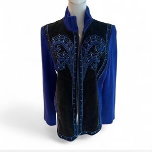 Bob Mackie Black Suede Front Jacket with Royal Blue Knit Sleeves